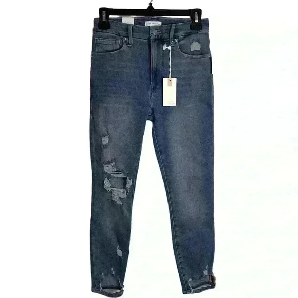 Good American Good Waist High Rise Distressed Crop Jeans blue678 Size 0/25 - Picture 2 of 10